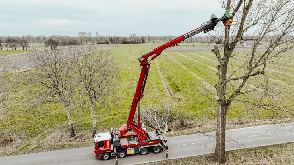 Roter LKW mit Arbeitsbühne beim Baumdienst im Winter