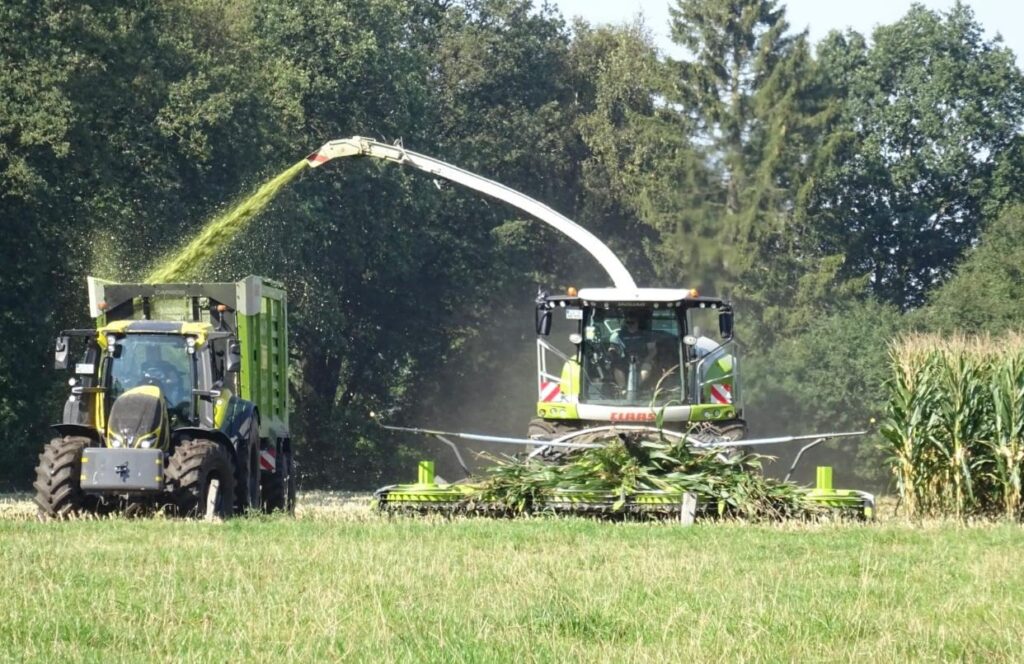 Maschinen beim Einsatz auf dem Feld zum Mais Häckseln